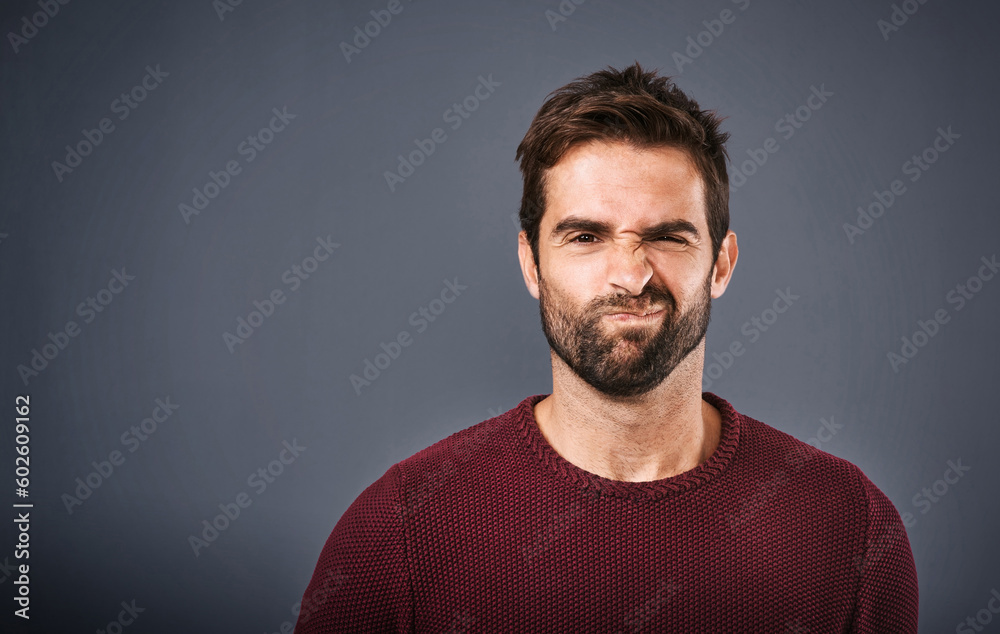 Poster doubt, confused and portrait of man in studio with unsure, uncertain and thoughtful on gray backgrou