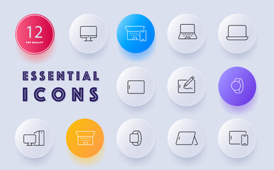 Gadgets icon set. Technology devices, electronic gadgets, innovation, convenience. Digital. Neomorphism style. Vector line icon for Business and Advertising
