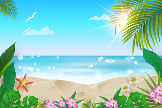 beautiful beach scene in summer with tropical plants