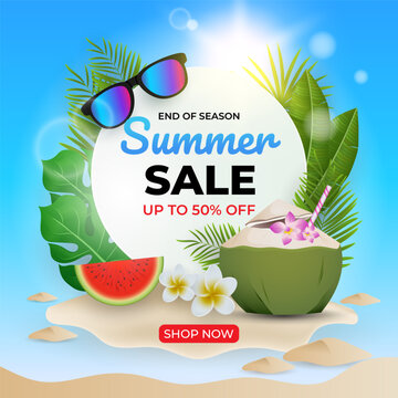 summer sale with beautiful tropical leaves and fruit