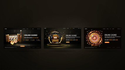 Fototapeta na wymiar Set of black and gold casino web banners with gold slot machine, neon Casino Roulette and poker chips on dark background
