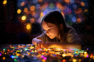 An image of a child playing with a puzzle, with soft and colorful bokeh lights in the background, toys, children's day, bokeh Generative AI