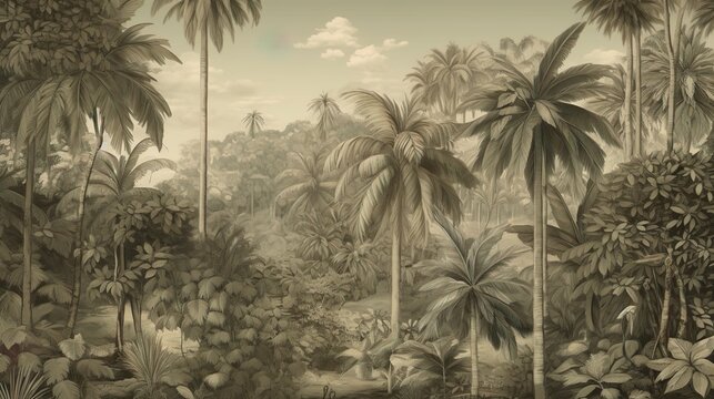 Tropical Paradise: Lush Coconut Trees and Exotic Flora. Generative AI