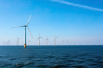 Fototapeta premium Windmill farm in the ocean Westermeerwind park, windmills isolated at sea on a beautiful bright