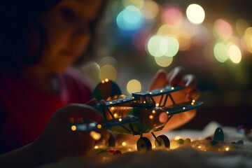 A photo of a child playing with a toy airplane, with bokeh lights resembling clouds in the background, toys, children's day, bokeh Generative AI