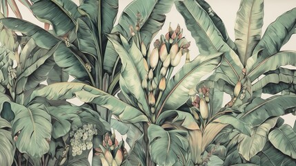 Enchanting Banana Leaves: Pastel Green Tropical Illustration. Generative AI