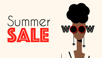 advertising banner, summer sale, fashion industry, girl in sunglasses, flat style, minimalism