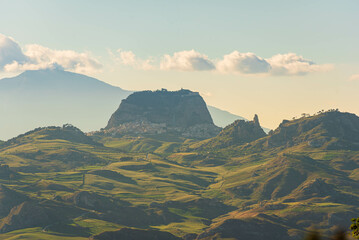 Naklejka premium View of Sutera from Montedoro, Caltanissetta, Sicily, Italy, Europe