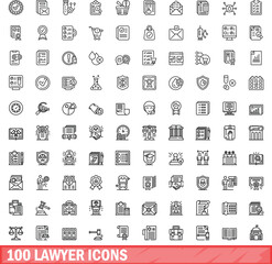 Obraz na płótnie Canvas 100 lawyer icons set. Outline illustration of 100 lawyer icons vector set isolated on white background