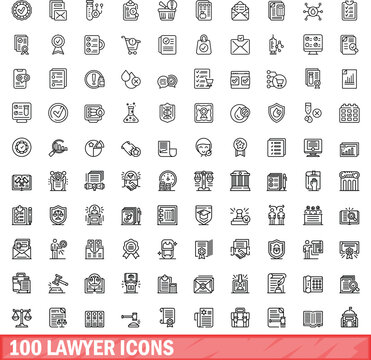 100 lawyer icons set. Outline illustration of 100 lawyer icons vector set isolated on white background