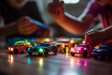 A picture of a group of children playing with toy cars, with colorful and playful bokeh lights in the background, toys, children's day, bokeh Generative AI