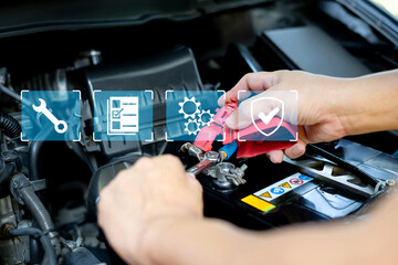 Car service and technology icon on virtual screens concept, Technician using a wrench service car...