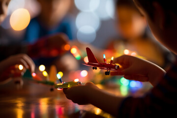 A picture of a group of children playing with toy airplanes, with colorful and playful bokeh lights in the background, toys, children's day, bokeh Generative AI