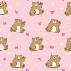 Fototapeta premium Seamless Pattern with Cartoon Bear and Heart Design on Pink Background