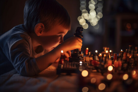 An image of a child playing with a toy microscope, with bokeh lights resembling a scientific laboratory in the background, toys, children's day, bokeh Generative AI