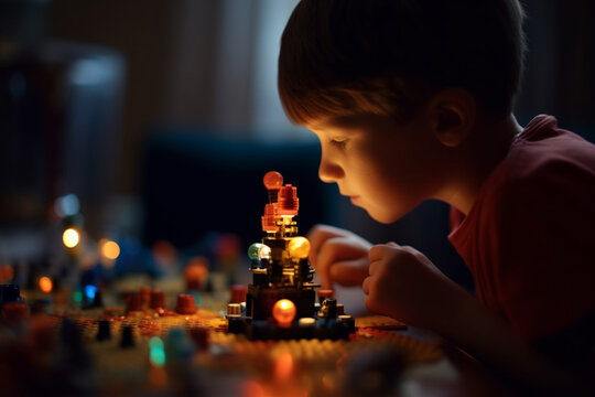 An image of a child playing with a toy microscope, with bokeh lights resembling a scientific laboratory in the background, toys, children's day, bokeh Generative AI
