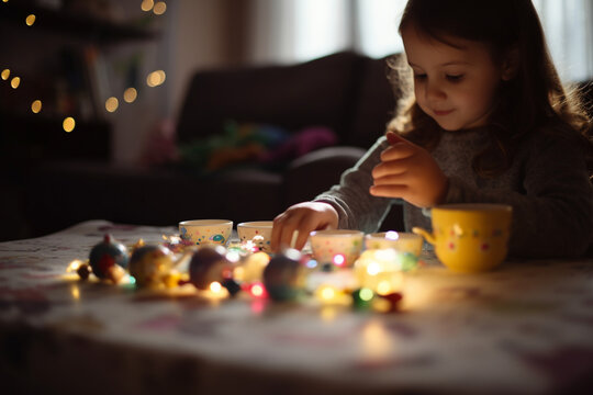 An image of a child playing with a toy tea party set, with soft and delicate bokeh lights in the background, toys, children's day, bokeh Generative AI