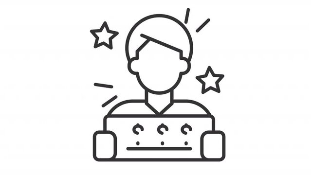 Jackpot icon animation. Animated line lottery winner holding check. Prize gift. Loyalty program. Slot machine. Loop HD video with alpha channel, transparent background. Outline motion graphic