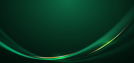 Abstract 3d gold curved green ribbon on dark green background with lighting effect and sparkle with copy space for text. Luxury design style. © Pramote