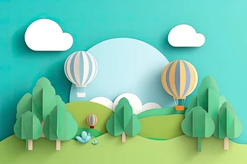 Zelfklevend Fotobehang 3D paper cut of Summer season on green nature landscape, hot air balloons and clouds on blue sky background © rufous