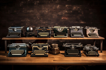 A collection of vintage typewriters displayed on a wooden table, each one with its own unique design and history, capturing the essence of a bygone era Generative AI