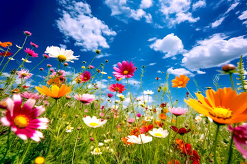 Sommerwiese mit Blumen, Himmel und Wolken