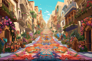 Obraz premium A detailed illustration of a street decorated with colorful floral carpets for the Corpus Christi procession, capturing the intricate patterns and vibrant colors Generative AI