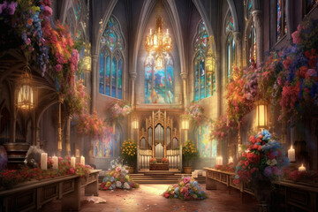 Fototapeta na wymiar An enchanting illustration of a church adorned with flowers, candles, and decorations to celebrate Corpus Christi, emanating a sense of reverence and spirituality Generative AI