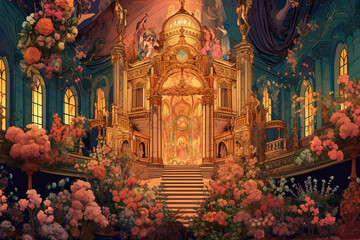 An enchanting illustration of a church adorned with flowers, candles, and decorations to celebrate Corpus Christi, emanating a sense of reverence and spirituality Generative AI