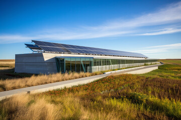 A state-of-the-art renewable energy research facility with solar panels integrated into the walls, wind turbines on the roof, and advanced battery systems being tested Generative AI