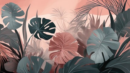 Tropical Paradise: Dusky Pink and Dark Green Monstera Leaves Illustration, Background and wallpaper design. Generative AI
