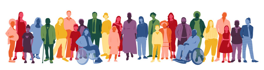 Multicultural group of mothers and fathers with kids. Flat vector illustration.	