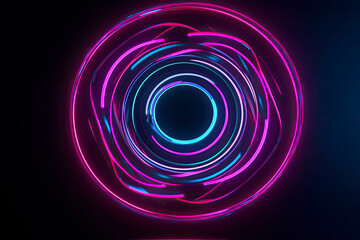 Naklejka premium Neon light room with round stage in the center, 3d rendering. Computer digital drawing