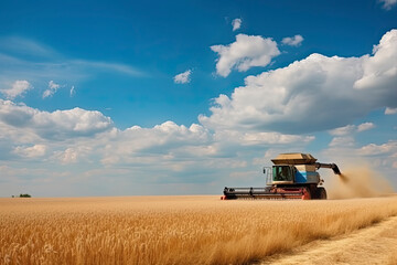 Obraz premium Against the backdrop of a sunny summer day and blue sky with clouds. Combine harvester harvesting