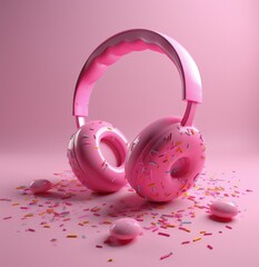 Headset and donuts on pink background, music and food concept, digital illustration. Generative AI