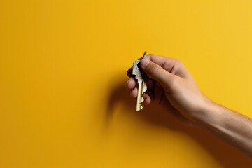 Hand holding key, property concept, yellow background, digital illustration. Generative AI