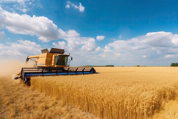 Obraz premium Against the backdrop of a sunny summer day and blue sky with clouds. Combine harvester harvesting