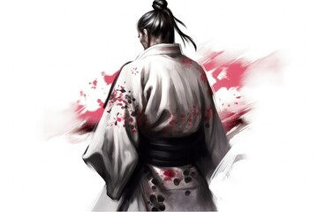Fototapeta premium Samurai warrior from the back, martial art concept, digital illustration. Generative AI