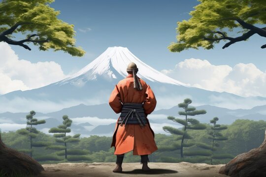 Samurai warrior from the back, martial art concept, digital illustration. Generative AI