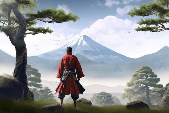 Samurai warrior from the back, martial art concept, digital illustration. Generative AI