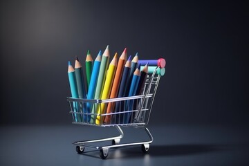 Shopping cart full of colored pencils, blue background, digital illustration. Generative AI