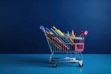 Shopping cart full of colored pencils, blue background, digital illustration. Generative AI