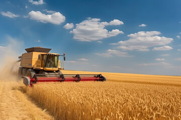 Fototapeta premium Against the backdrop of a sunny summer day and blue sky with clouds. Combine harvester harvesting