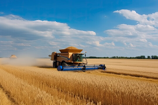 Against the backdrop of a sunny summer day and blue sky with clouds. Combine harvester harvesting