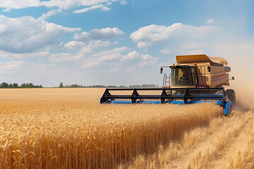 Obraz premium Against the backdrop of a sunny summer day and blue sky with clouds. Combine harvester harvesting
