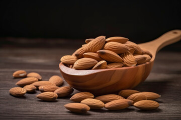 Almonds nut and wood spoon in wood cup on wood background. They are highly nutritious and rich in healthy fats or High - density lipoprotein( HDL) cholesterol, antioxidants, vitamins and minerals.