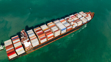 Fototapeta premium container ship business, logistic delivery service goods for import export international by sea, asia pacific , container ship transport, aerial view