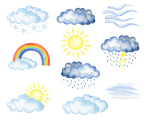 Weather elements, meteorology. Preschool. Development for children. Clouds, sun, wind, rain, wind, fog. Set of watercolor objects isolated on white background. Kids Printables - obrazy, fototapety, plakaty