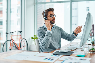 Call center, consultant and man talking advice and insurance consulting with internet telemarketing...