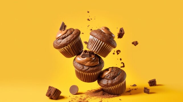 Flying chocolate cupcakes or cookies on yellow background. generative ai